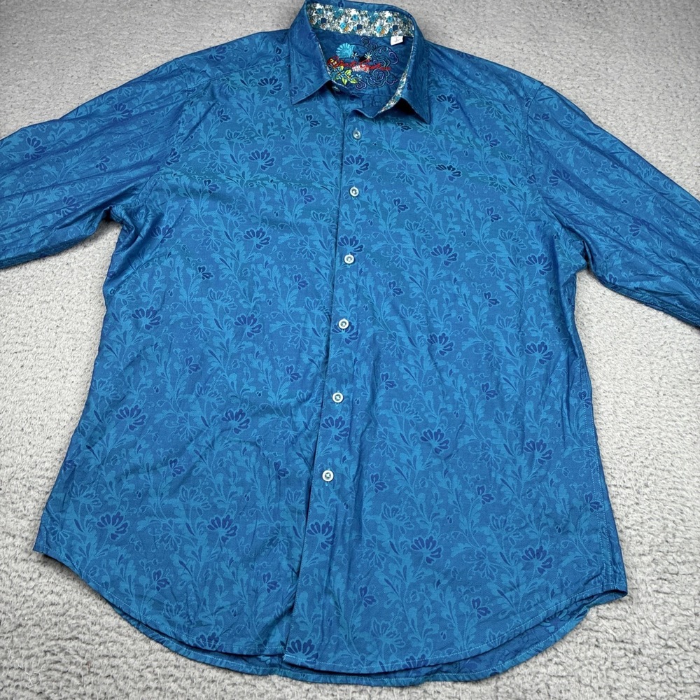 Robert Graham Flip Cuff Shirt Men's XL Blue Floral Jacquard Button Up - Picture 7 of 13